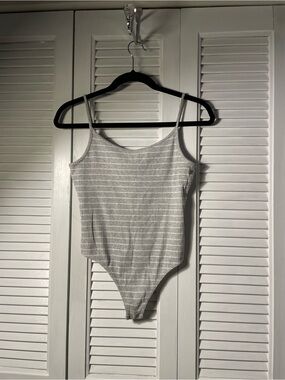 896. Express One Eleven Striped Gray & White Ribbed Bodysuit Spaghetti Strap SM